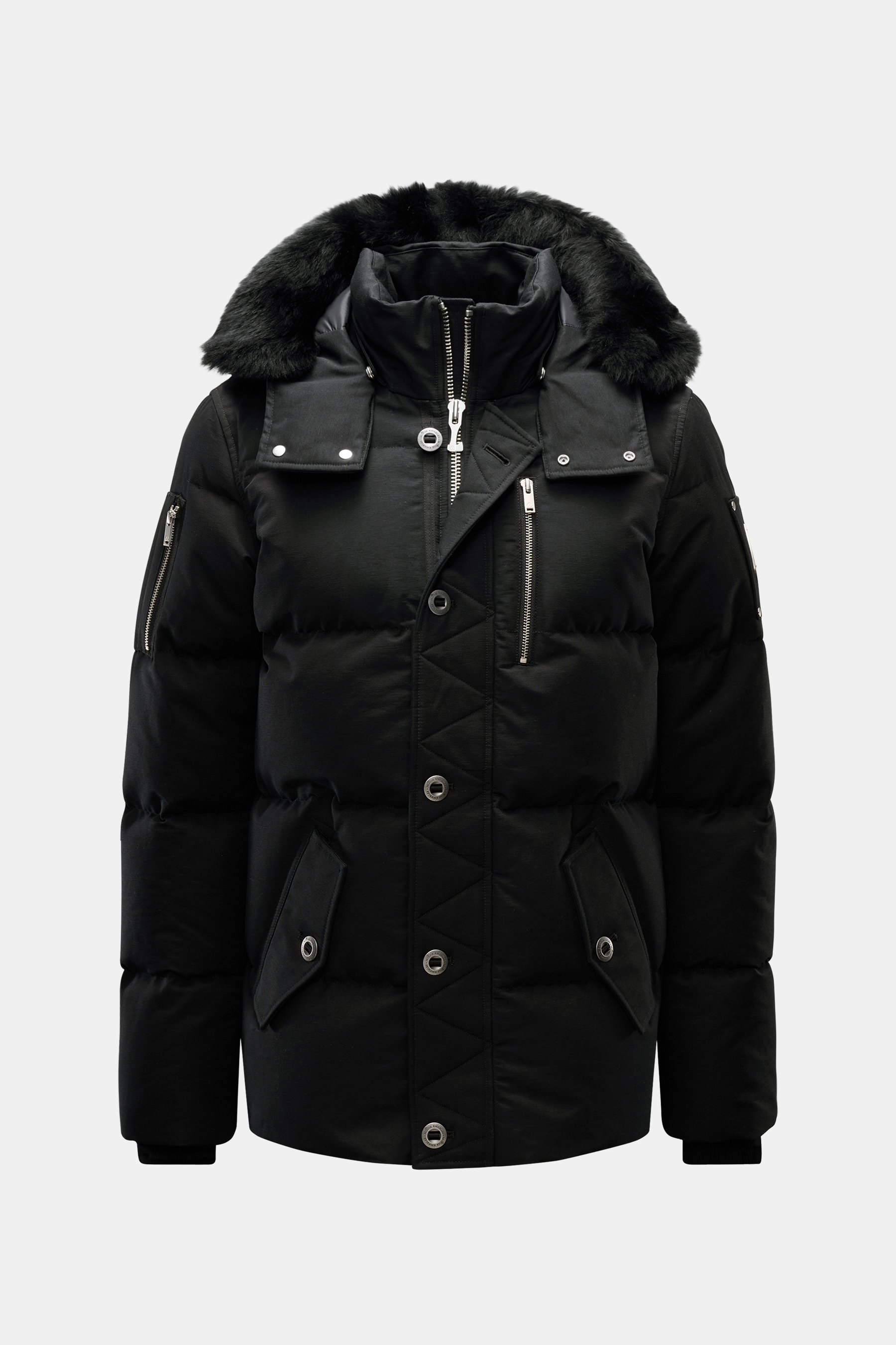 Front view of Moose Knuckles Down jacket 'Original 3Q' black with detachable hood, fur trim, multiple zippered pockets, and warm down filling.