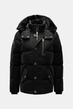 Front view of Moose Knuckles Down jacket 'Original 3Q' black with detachable hood, fur trim, multiple zippered pockets, and warm down filling.