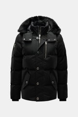 Front view of Moose Knuckles Down jacket 'Original 3Q' black with detachable hood, fur trim, multiple zippered pockets, and warm down filling.