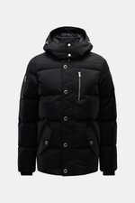 Front view of Moose Knuckles Down jacket 'Original 3Q' black with detachable hood, zipper chest pocket, slanted flap pockets, and ribbed cuffs.