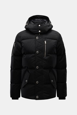Front view of Moose Knuckles Down jacket 'Original 3Q' black with detachable hood, zipper chest pocket, slanted flap pockets, and ribbed cuffs.
