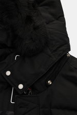 Close-up front view of Moose Knuckles Down jacket 'Original 3Q' black with detachable fur trim, snap buttons, and wind flap collar.