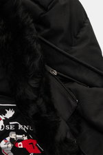Close-up inside view of the Moose Knuckles Down jacket 'Original 3Q' black, showing black fur-lined collar, zipper, and embroidered logo.