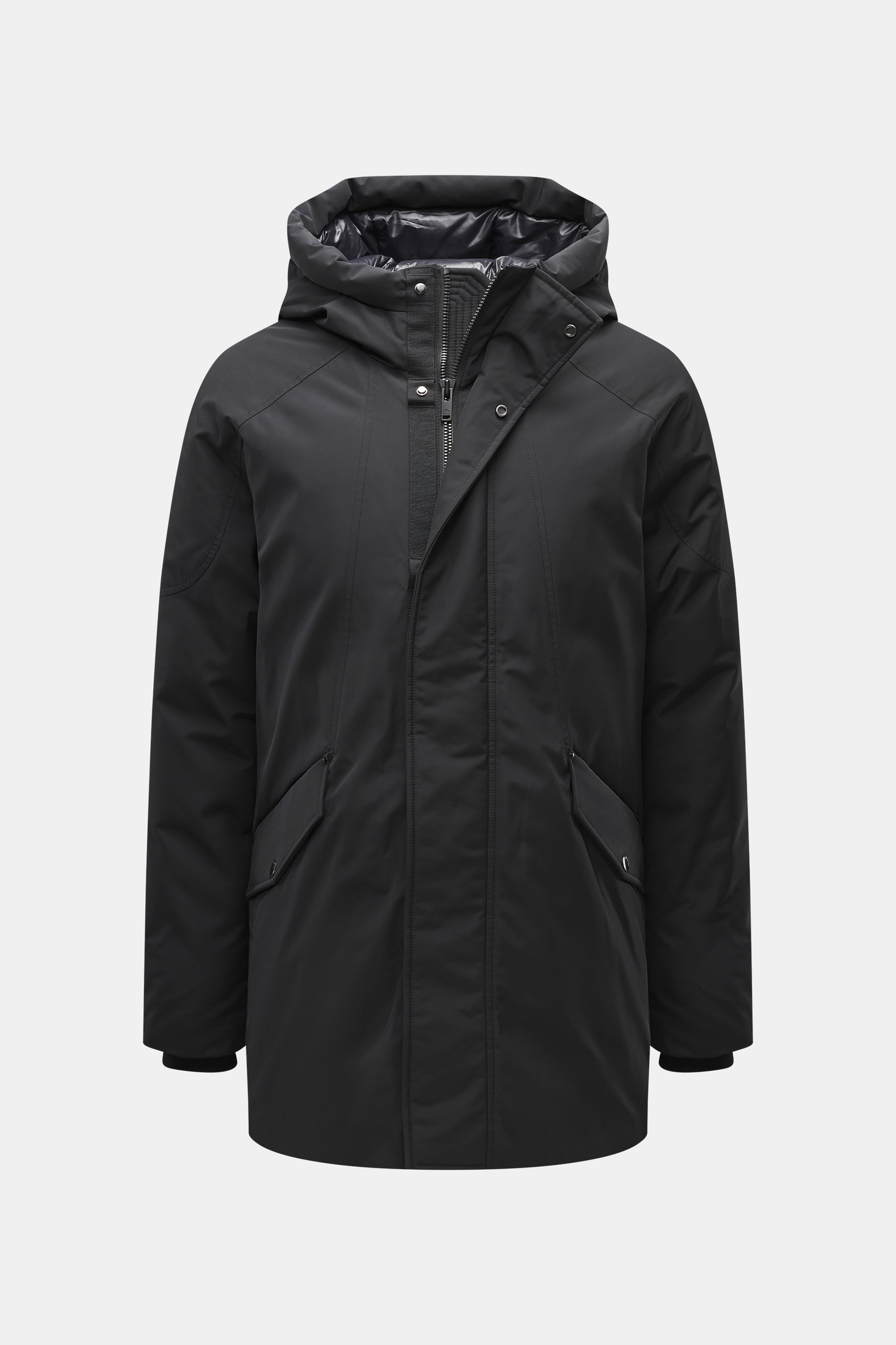 Front view of Moose Knuckles Down jacket 'West-Ed 3Q' black with high-quality microfiber, smooth touch, wind- and water-repellent, warm down filling, regular fit, two-way zipper, wind flap with buttons, lined hood, slanted welt pockets with flap, raglan s