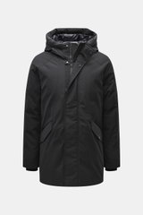 Front view of Moose Knuckles Down jacket 'West-Ed 3Q' black with high-quality microfiber, smooth touch, wind- and water-repellent, warm down filling, regular fit, two-way zipper, wind flap with buttons, lined hood, slanted welt pockets with flap, raglan s