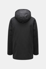 Back view of Moose Knuckles Down jacket 'West-Ed 3Q' black, made of high-quality microfiber with smooth touch, wind- and water-repellent, warm down filling, regular fit, two-way zipper, wind flap with buttons, lined hood, slanted welt pockets with flap, r