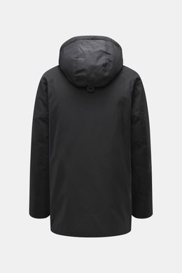 Back view of Moose Knuckles Down jacket 'West-Ed 3Q' black, made of high-quality microfiber with smooth touch, wind- and water-repellent, warm down filling, regular fit, two-way zipper, wind flap with buttons, lined hood, slanted welt pockets with flap, r