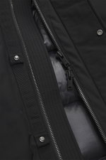 Close-up front view of the Moose Knuckles Down jacket 'West-Ed 3Q' black, showing high-quality microfiber, smooth touch, wind- and water-repellent fabric, warm down filling, regular fit, two-way zipper, wind flap with buttons, lined hood, slanted welt poc