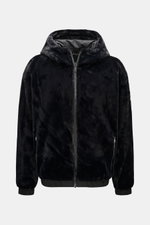 Moose Knuckles Wende-Blouson 'Borden Monogram' schwarz gemustert, frontal, Kapuze, Webpelz, Microfaser, Regular Fit, Reißverschluss, elastische Bündchen.