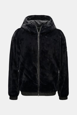 Moose Knuckles Wende-Blouson 'Borden Monogram' schwarz gemustert, frontal, Kapuze, Webpelz, Microfaser, Regular Fit, Reißverschluss, elastische Bündchen.