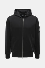 Front view of Moose Knuckles Sweat jacket 'Hartsfield Zip-Up' black, sweat made of pure cotton, soft feel, slim fit, robust two-way zip, lined hood, integrated hip pockets, patch with signature metal emblem on the sleeve, wide ribbed bands.