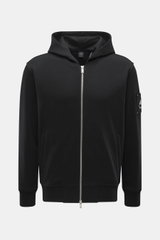 Front view of Moose Knuckles Sweat jacket 'Hartsfield Zip-Up' black, sweat made of pure cotton, soft feel, slim fit, robust two-way zip, lined hood, integrated hip pockets, patch with signature metal emblem on the sleeve, wide ribbed bands.