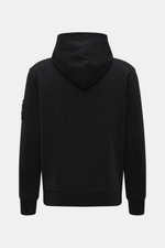 Back view of Moose Knuckles Sweat jacket 'Hartsfield Zip-Up' black, sweat made of pure cotton, soft feel, slim fit, robust two-way zip, lined hood, integrated hip pockets, patch with signature metal emblem on the sleeve, wide ribbed bands.