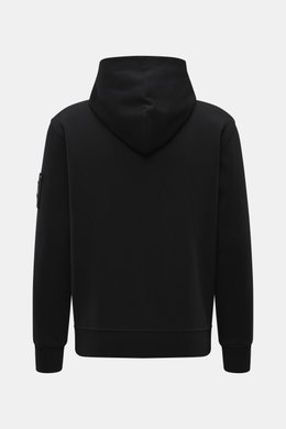 Back view of Moose Knuckles Sweat jacket 'Hartsfield Zip-Up' black, sweat made of pure cotton, soft feel, slim fit, robust two-way zip, lined hood, integrated hip pockets, patch with signature metal emblem on the sleeve, wide ribbed bands.