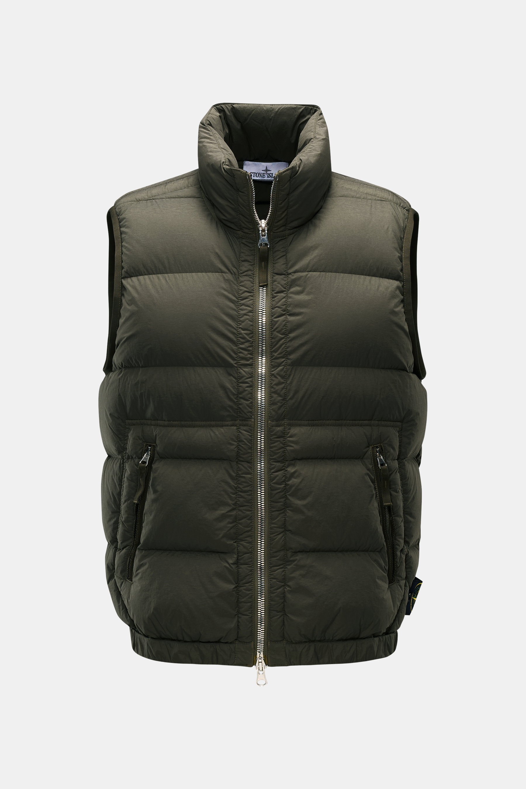 Stone Island Daunenweste 'Seamless Tunnel Nylon Down-TC' oliv, Frontansicht, Microfaser, Daunenfüllung, Regular Fit, Stehkragen, Zipper, Kompass-Badge.