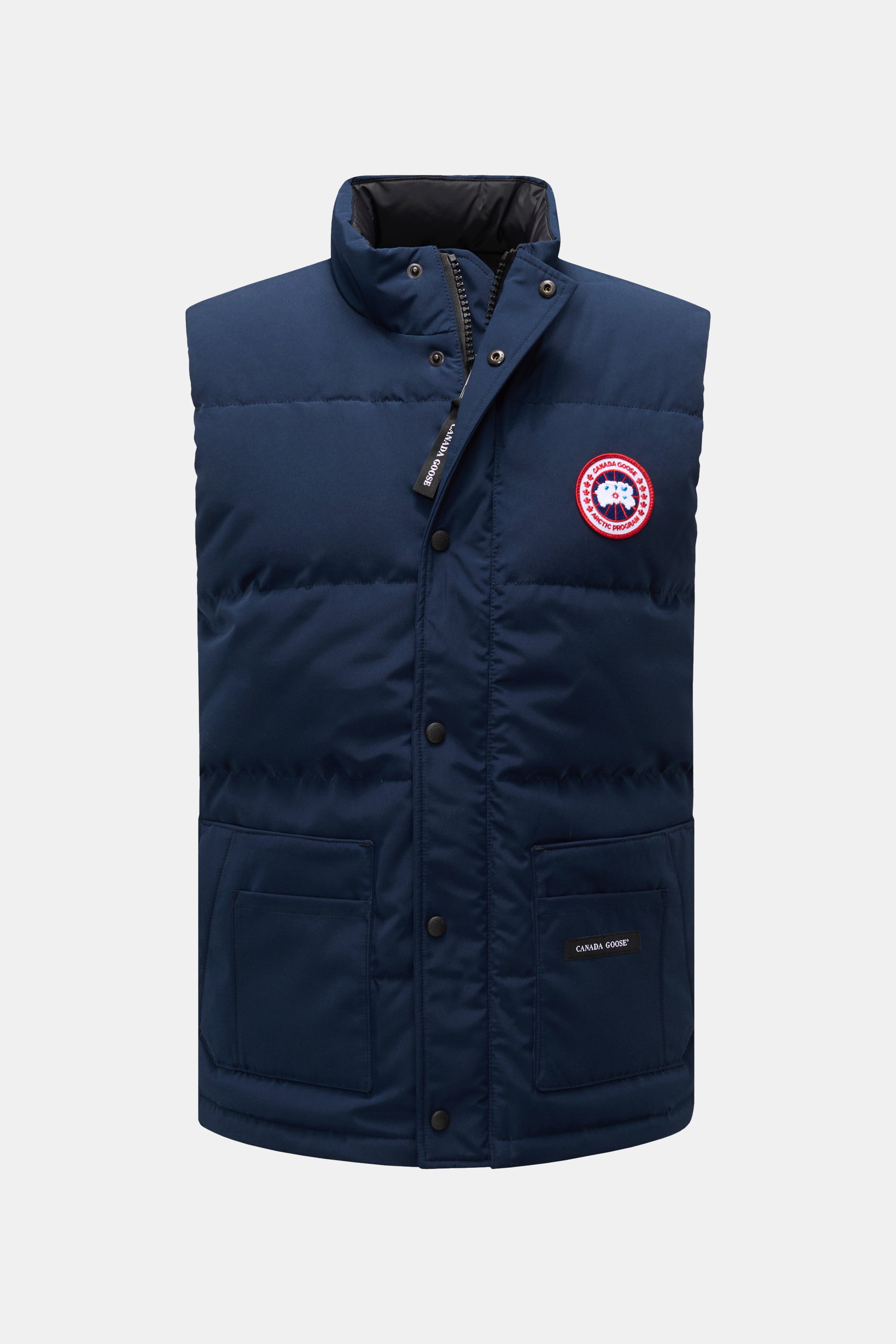 Canada Goose Daunenweste 'Freestyle Crew' navy, frontale Ansicht, wind- und wasserabweisend, wärmende Daunenfüllung, Slim Fit, Dreifach-Fronttaschen, Stehkragen.