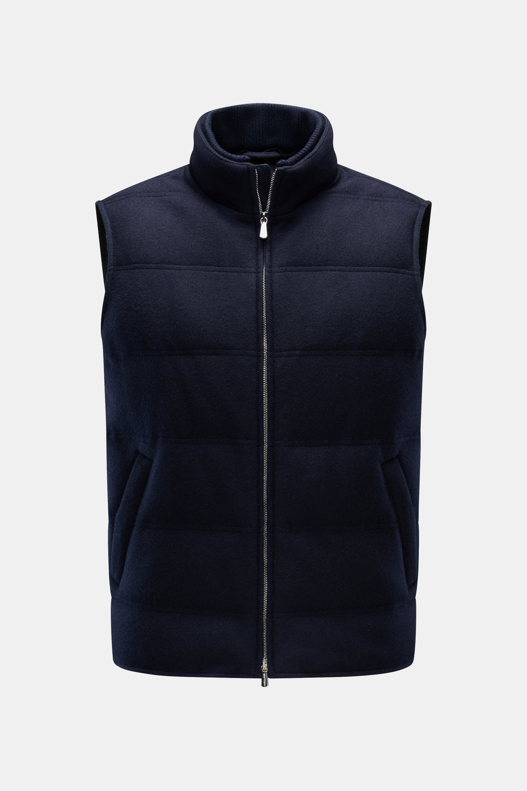 Mandelli Cashmere Daunenweste navy, frontale Nahaufnahme, Slim Fit, wärmend, elastischer Cashmere, Ziegenveloursleder-Besatz, Zwei-Wege-Reißverschluss.