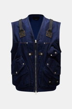Stone Island Jeansweste "Indigo Polypropylene Denim Light" dunkelblau, Utility-Look, Slim Fit, fünf Fronttaschen, robuster Zwei-Wege-Reißverschluss, frontale Perspektive.