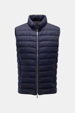 Moorer Daunenweste 'Calaf' navy meliert, frontale Aufnahme, gesteppte Outdoor-Weste mit schmalem Stehkragen, Reißverschluss, Leinen, Gänsedaunenfüllung, Slim Fit.