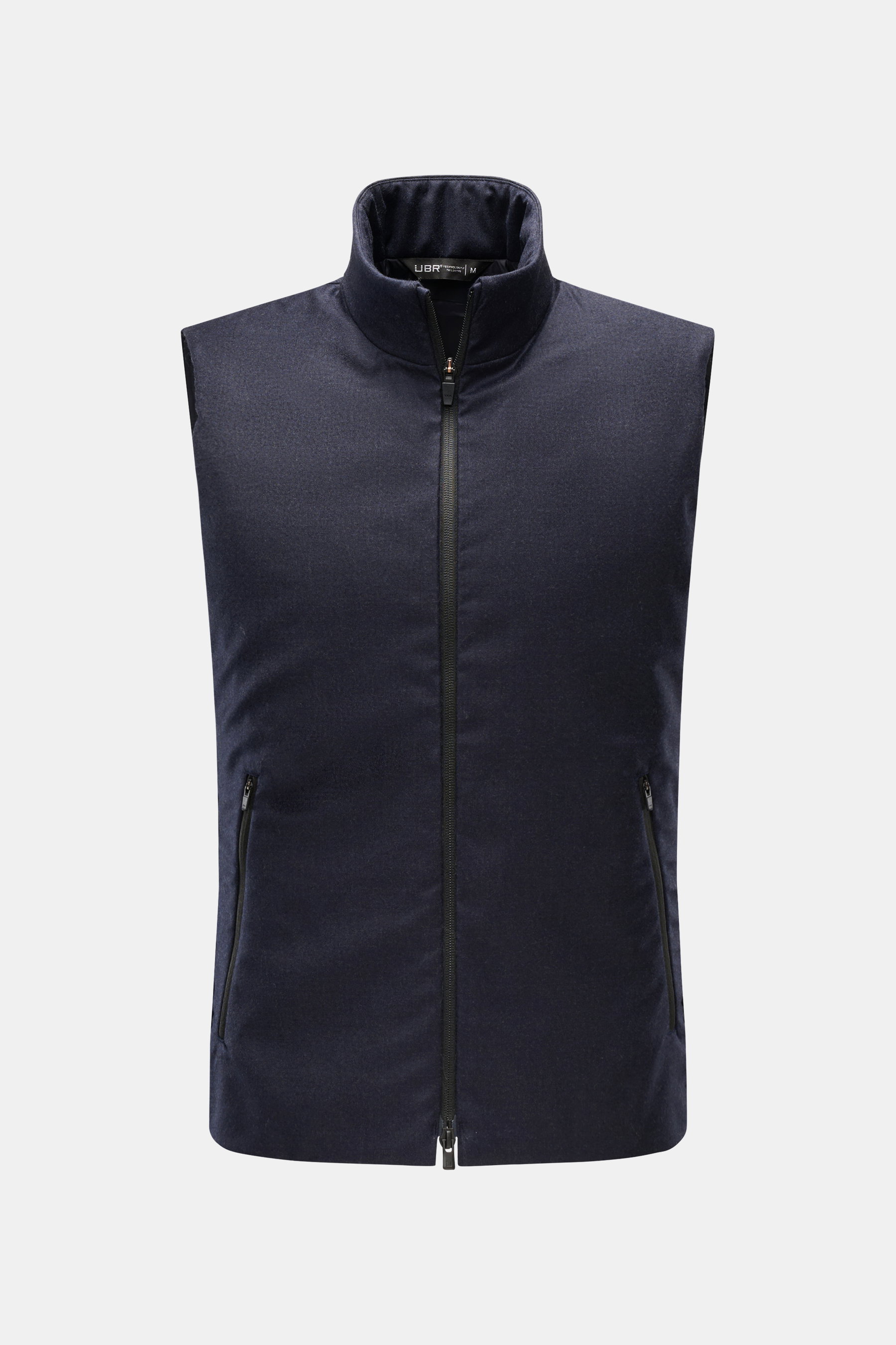 UBR Outdoorweste 'Raptor Savile' navy meliert, frontale Ansicht, reine Wolle, Slim Fit, Stehkragen, Zwei-Wege-Reißverschluss, schräge Leistentaschen, weicher Griff.