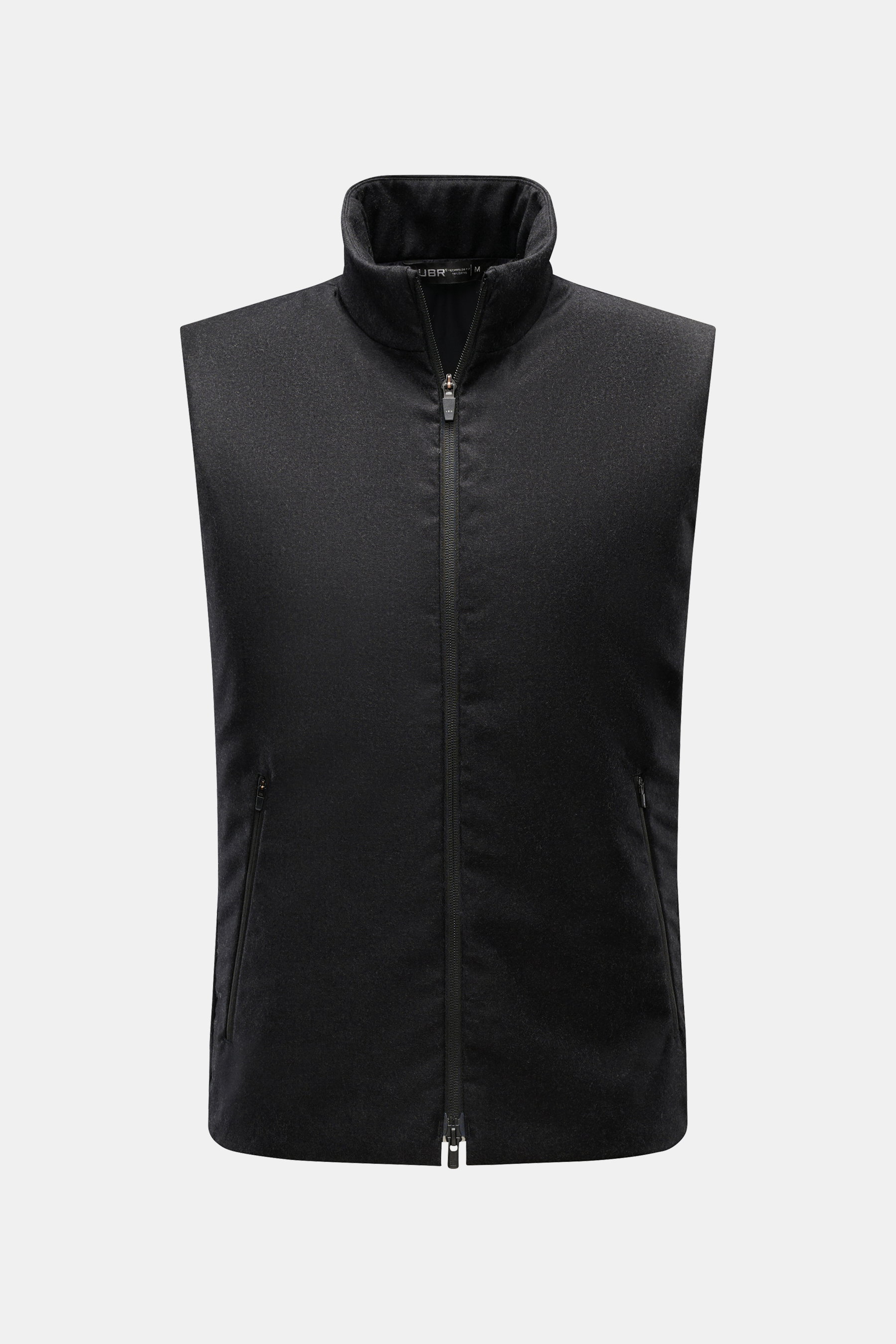 UBR Outdoorweste 'Raptor Savile' anthrazit, Frontansicht, Slim Fit, reine Wolle, weicher Griff, Stehkragen, Zwei-Wege-Reißverschluss, schräge Leistentaschen, geschmeidiges Futter, leichte Wattierung für Übergangszeit.