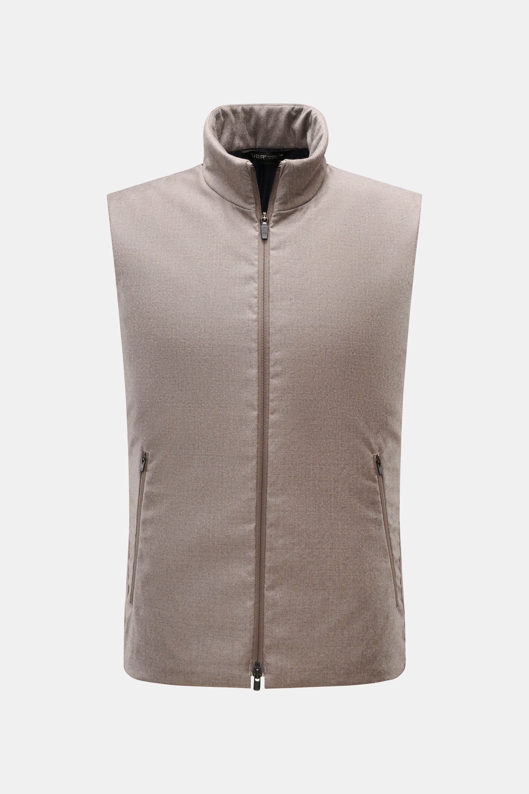 UBR Outdoorweste 'Raptor Savile' taupe meliert, frontal mit Stehkragen, Zwei-Wege-Reißverschluss, schräge Leistentaschen, Slim Fit, reine Wolle, weicher Griff.