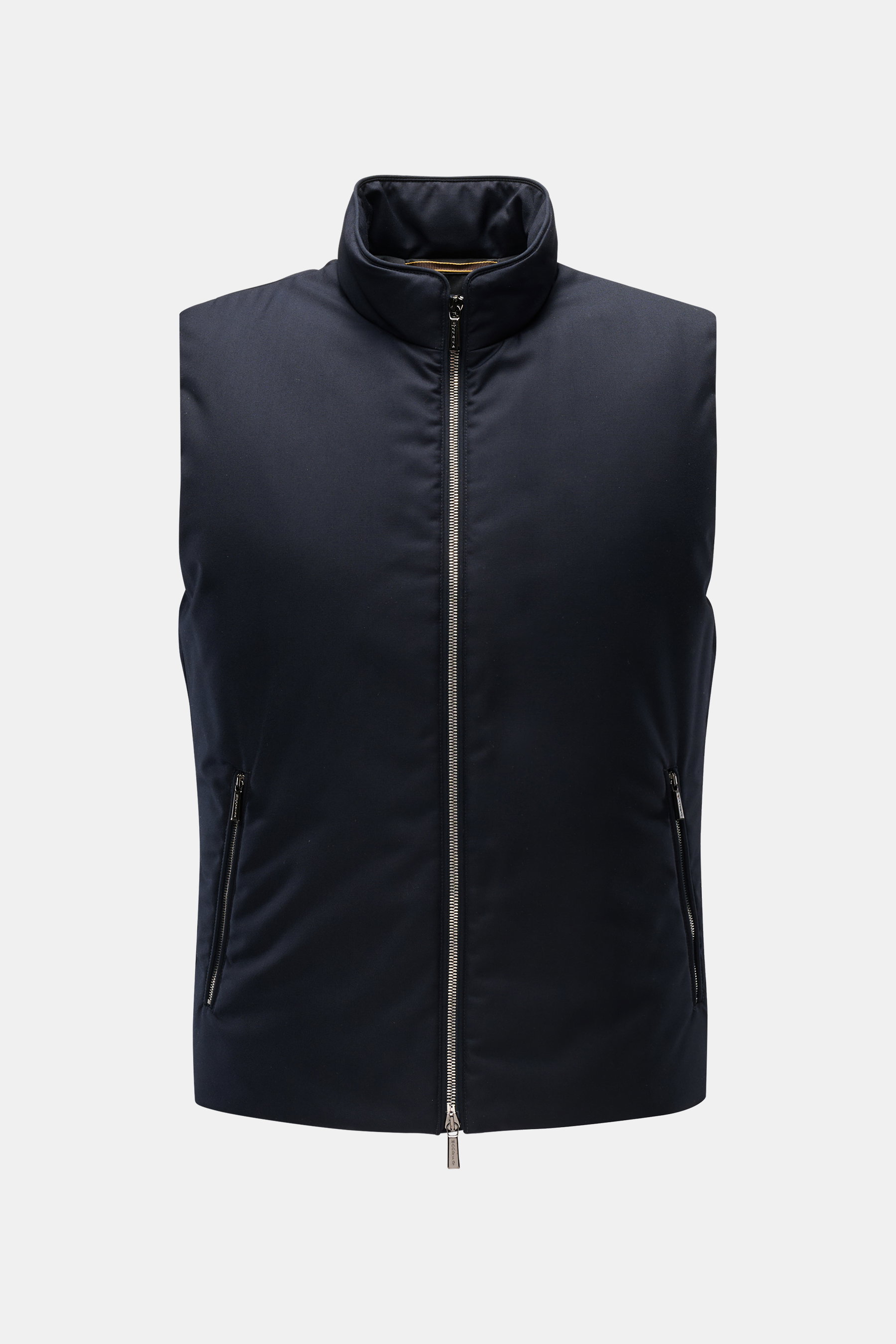Moorer Down gilet 'Uros' dark navy shown from front, slim fit with standing collar, two-way zip, and zip front pockets, made of microfibre and viscose blend, soft feel, wind and water repellent, lightweight down lining, smooth lining, two inside pockets, 