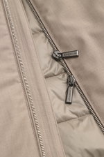 Close-up front view of Moorer Down gilet 'Uros' taupe showing fine gabardine fabric, two-way zip, and smooth lightweight down lining, designed for autumn adventures with wind and water repellent features, slim fit, standing collar, zip front and inside po
