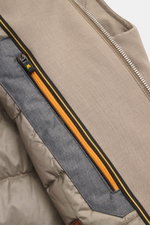 Close-up front view of the Moorer Down gilet 'Uros' taupe showing fine gabardine fabric, two-way zip with orange detail, and zip front pockets. For autumn adventures: Made of fine gabardine fabric and enhanced with a water repellent membrane, this down gi