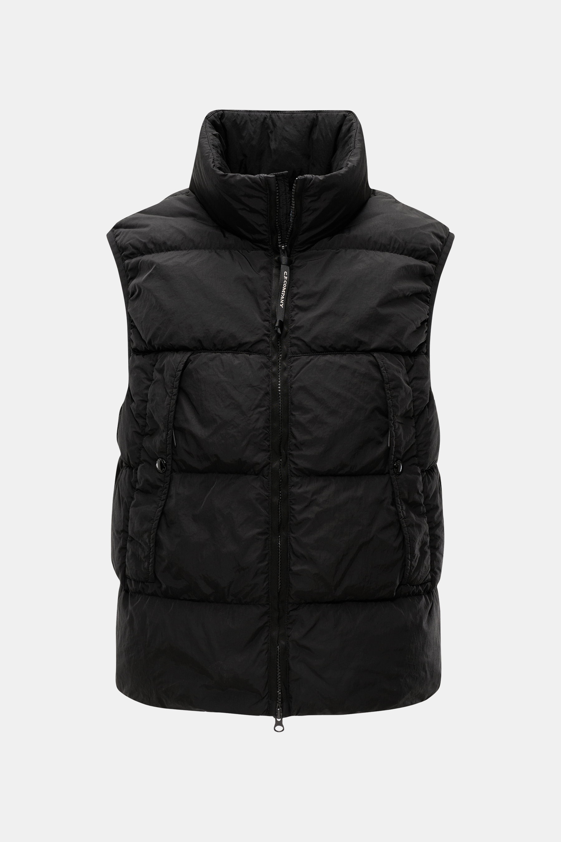 C.P. Company Daunenweste 'D.D. Shell' dark navy front view, padded vest with high collar, water-repellent ripstop microfiber, slim fit, two-way zipper, elastic armholes, zipper front pockets, and lightweight down filling ensuring warmth and comfort.