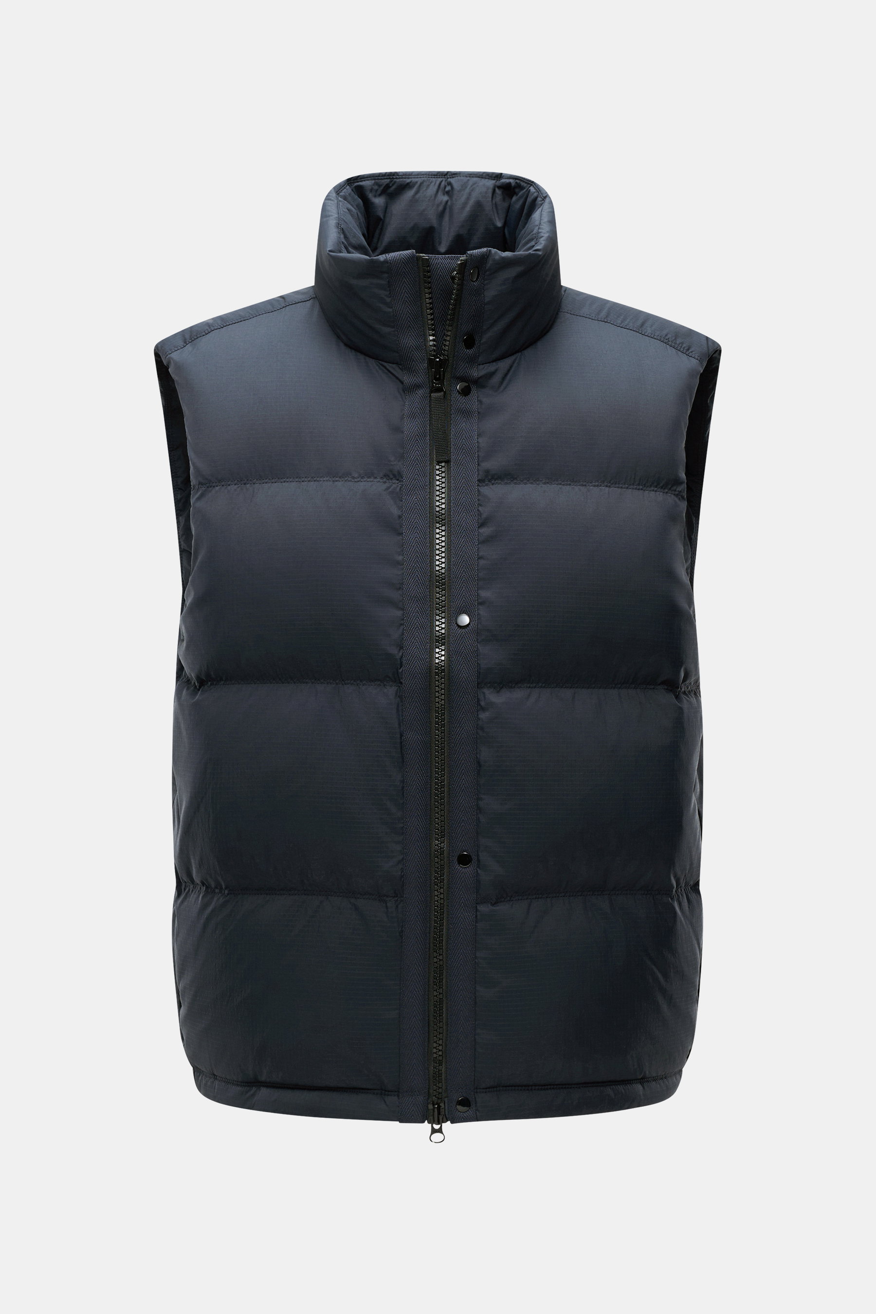 Stone Island Daunenweste 'Seamless Tunnel Nylon Down' navy front view, slim fit, wind- and water-resistant, padded collar, 2-way zipper, four pockets.