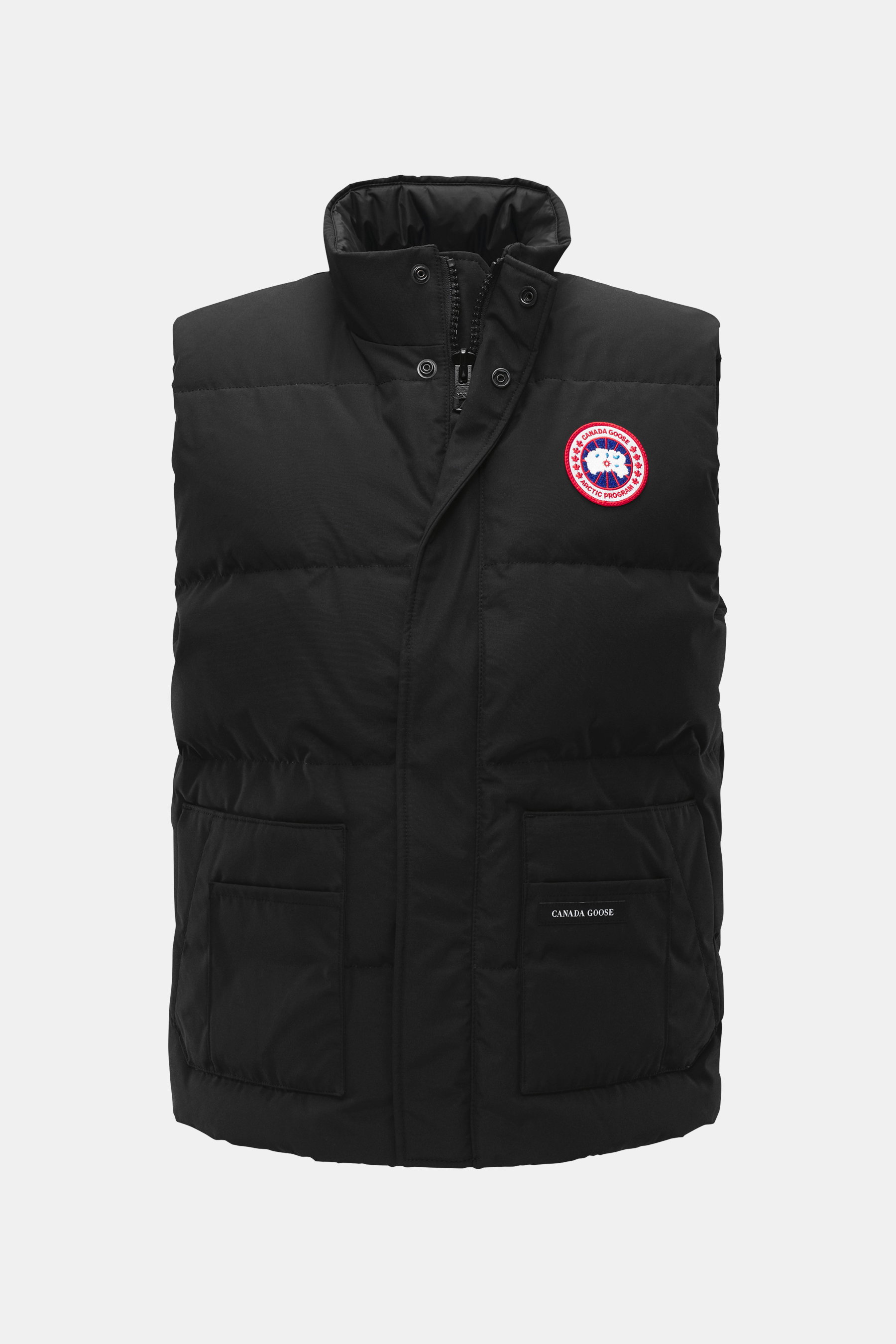 Front view of Canada Goose Down vest 'Legacy Freestyle' black, durable microfiber, wind- and water-repellent, light down filling, Slim Fit, robust two-way zipper, buttoned wind flap, stand-up collar with button, woven label on chest, triple front pockets,