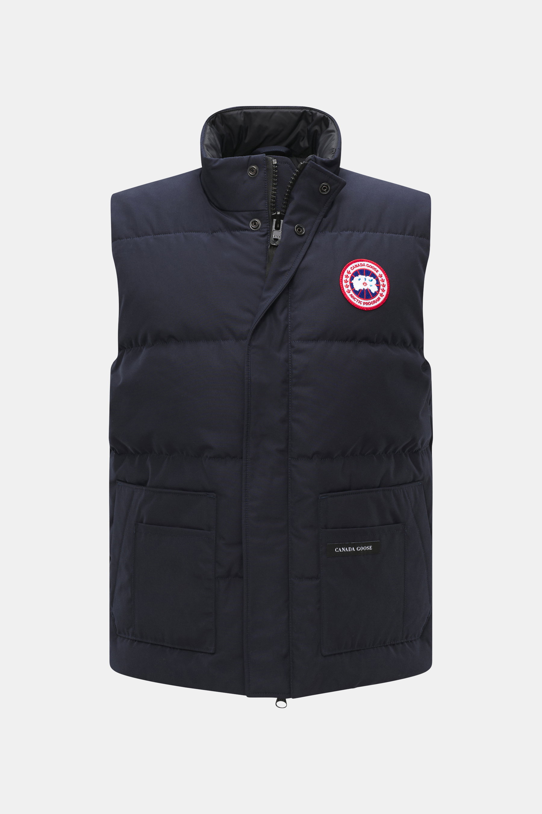 Canada Goose Daunenweste 'Legacy Freestyle' dark navy, frontale Nahaufnahme, Microfaser, wind- und wasserabweisend, leichte Daunenfüllung, Slim Fit, Zwei-Wege-Reißverschluss, Windblende, Stehkragen, Brust-Weblabel, dreifache Fronttaschen, Innentasche, ges