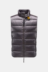 Parajumpers Daunenweste 'Jeordie' grau, frontale Nahaufnahme, leichte, windabweisende Microfaser mit Slim Fit, Stehkragen und Zwei-Wege-Reißverschluss.