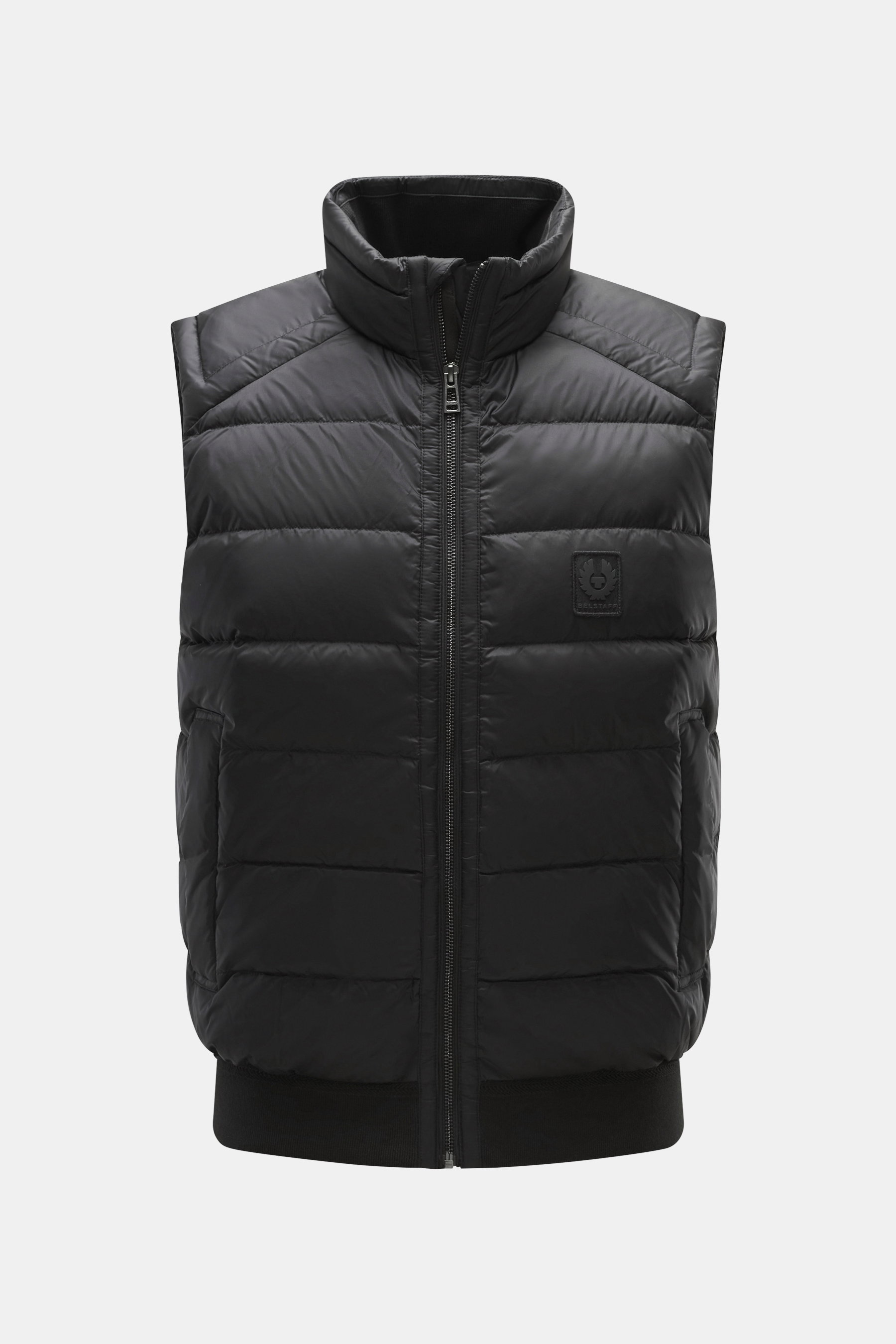 Front view of Belstaff Down vest 'Compound' black, made of high-quality microfiber with smooth touch, light down filling, water-repellent, slim fit, robust zipper, stand-up collar, BELSTAFF woven label on chest, two zipper front pockets, elastic hem, and 