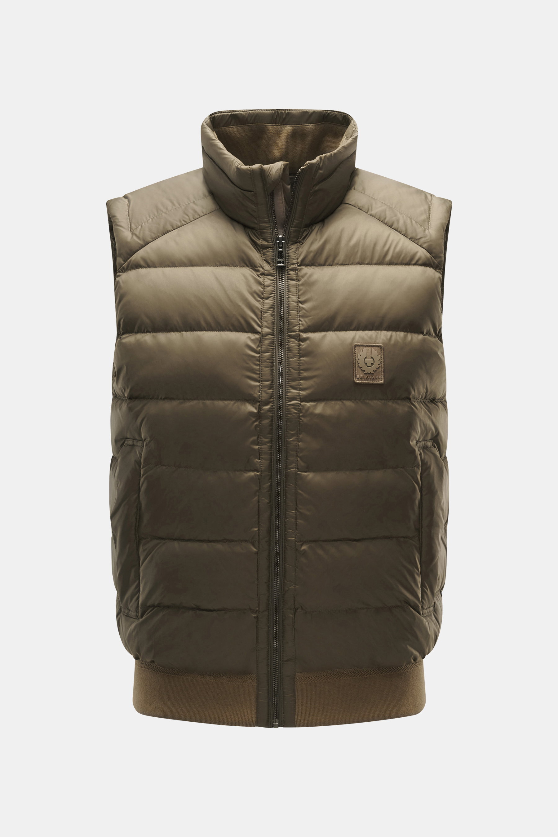 Front view of Belstaff Down vest 'Compound' khaki, featuring high-quality microfiber, smooth touch, light down filling, water-repellent fabric, slim fit, robust zipper, stand-up collar, BELSTAFF woven label on chest, two zipper front pockets, elastic hem,