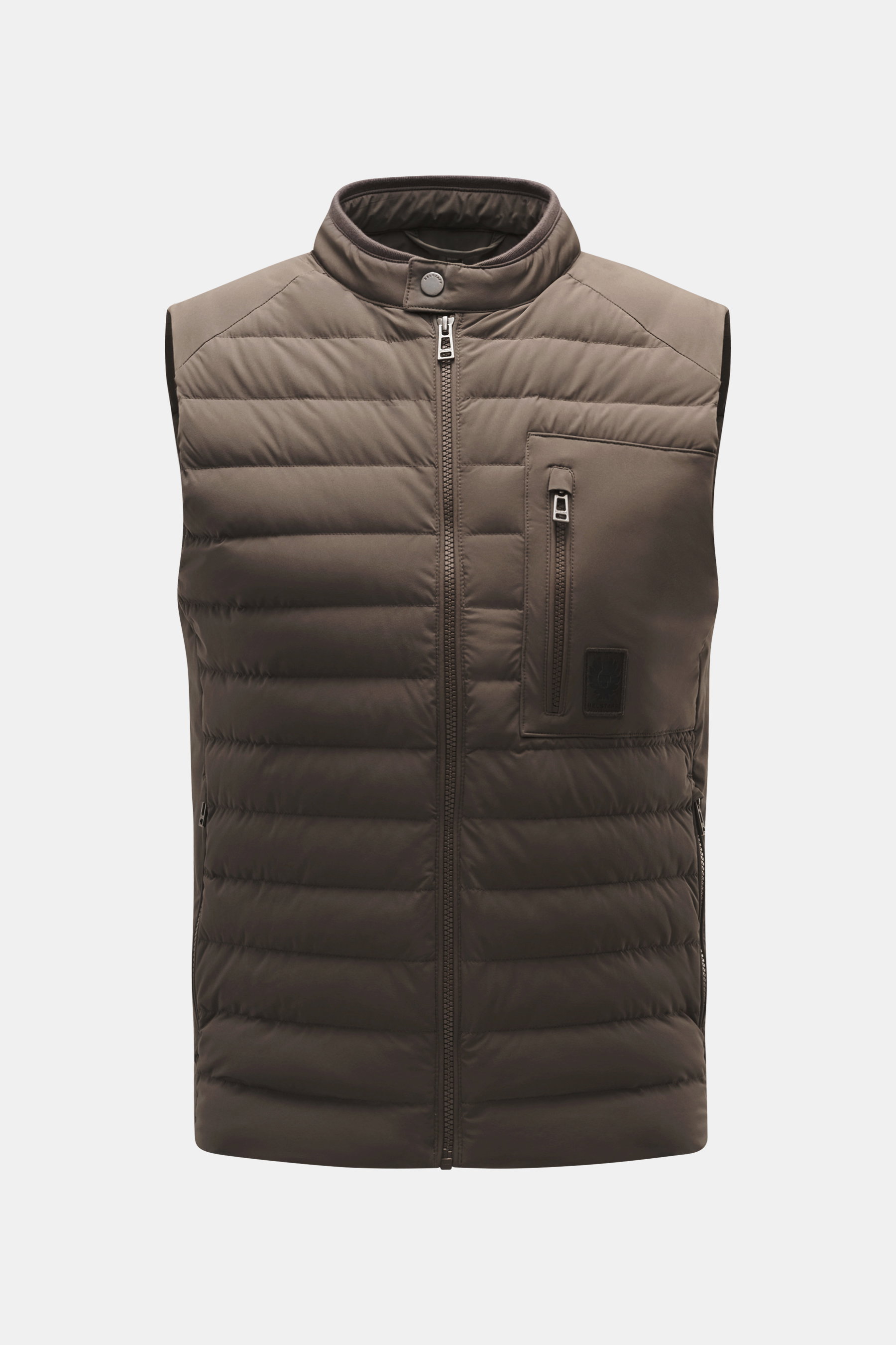 Front view of Belstaff Down gilet 'Chassis' grey brown, a slim fit, water repellent outdoor vest with high-quality microfibre and lightweight down lining.

Description: <p>Indispensable outdoor must-have in casual BELSTAFF style: The 'Chassis' down gilet 