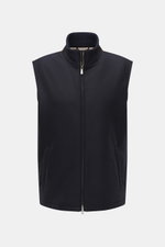 Mandelli Outdoor-Weste navy, frontale Ansicht, Mix aus Wolle und Cashmere, geschmeidiger Griff, Ziegenleder-Details, Slim Fit, Zwei-Wege-Reißverschluss, Stehkragen mit Rippstrick, schräge Leistentaschen mit Zipper, glatter Futterstoff, zwei Innentaschen.