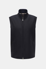 Mandelli Outdoor-Weste navy, frontale Ansicht, Mix aus Wolle und Cashmere, geschmeidiger Griff, Ziegenleder-Details, Slim Fit, Zwei-Wege-Reißverschluss, Stehkragen mit Rippstrick, schräge Leistentaschen mit Zipper, glatter Futterstoff, zwei Innentaschen.