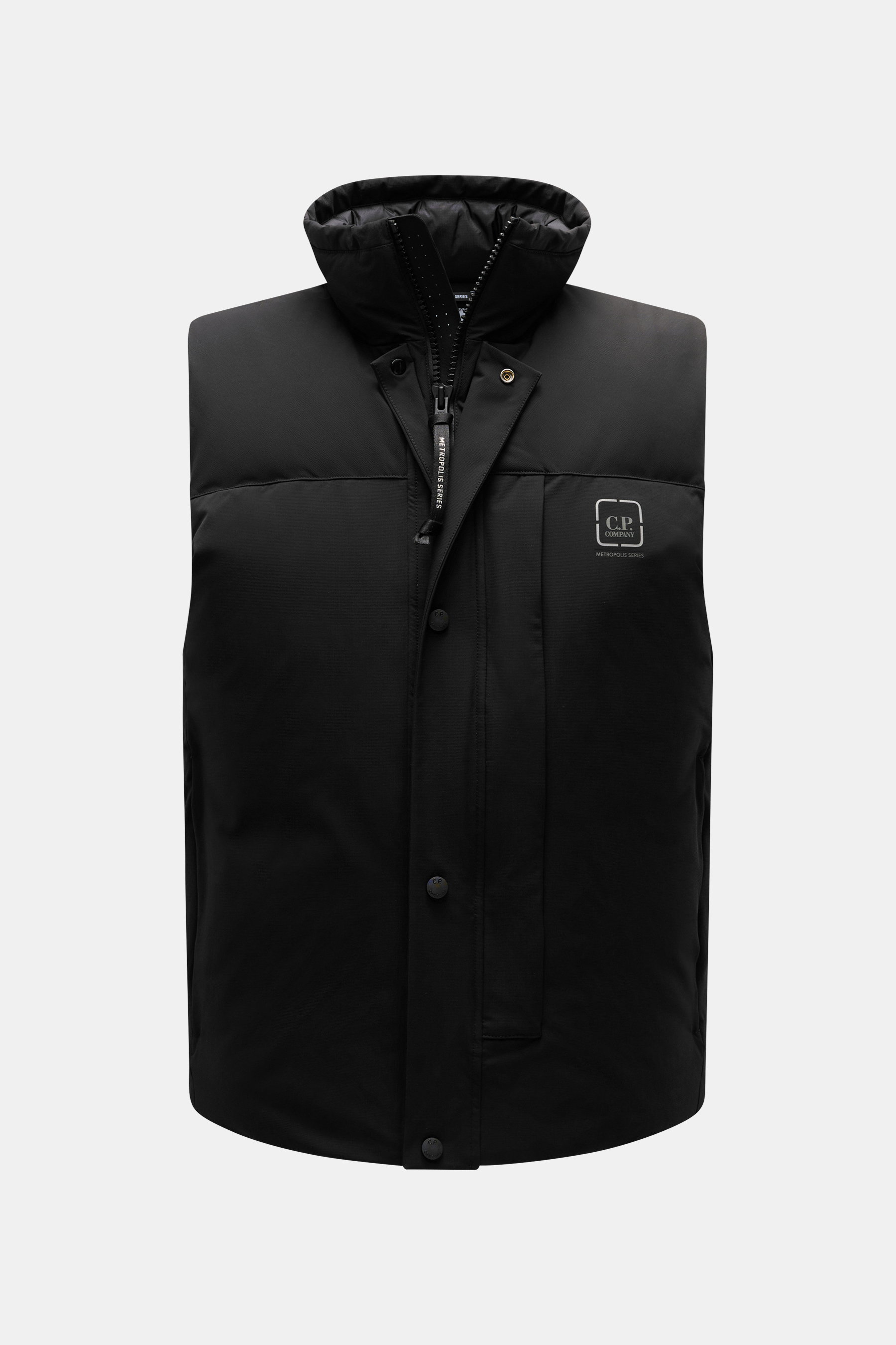 Front view of C.P. Company Down vest black in high-quality microfiber with light down filling, stand-up collar, durable zipper, elastic arm openings, large front pockets, adjustable hem, soft lining, and two inner pockets, featuring a slightly textured fe