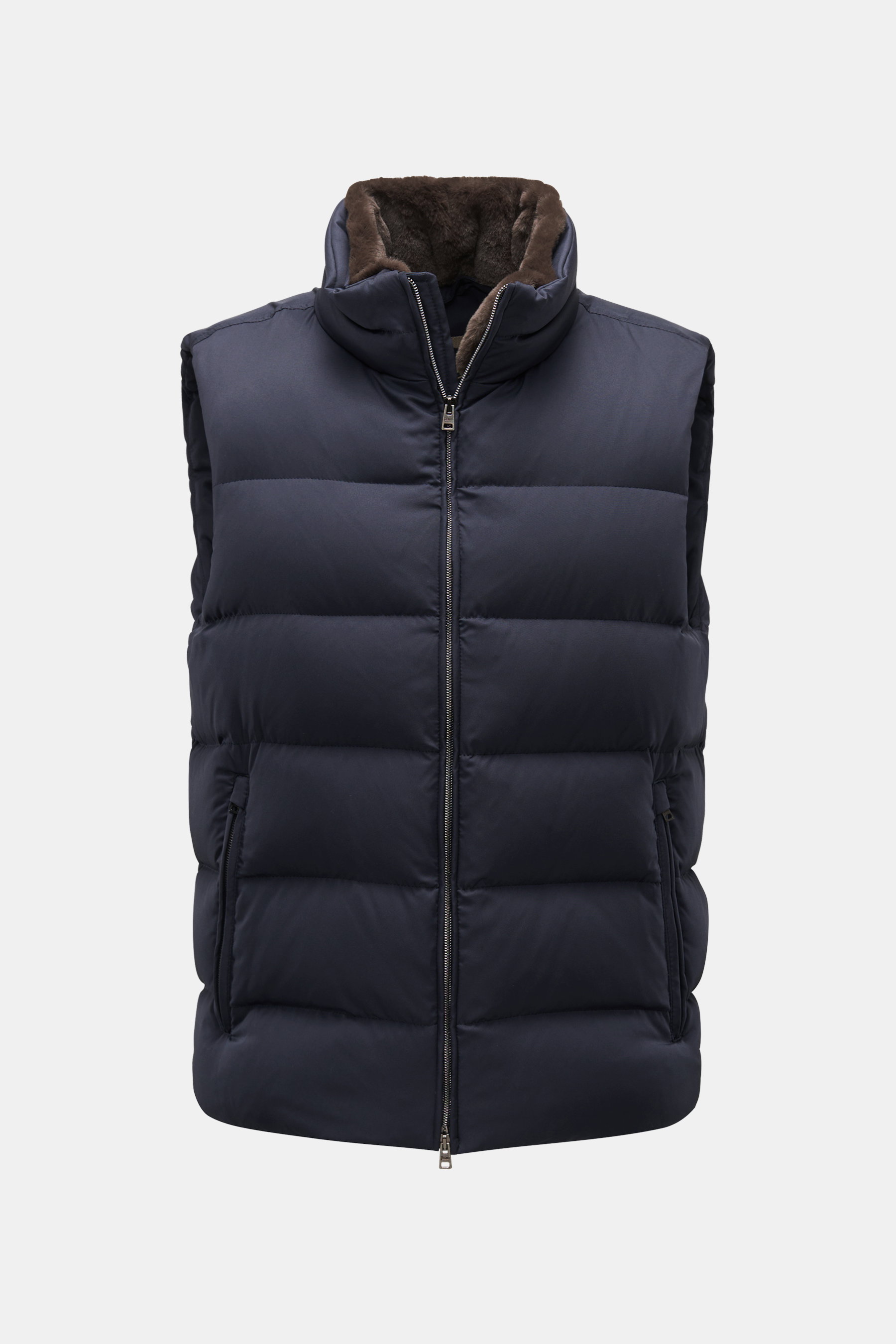 Herno Down gilet navy shown from the front, sleeveless quilted lightweight water repellent gilet with warm down lining and detachable soft faux fur collar trim.