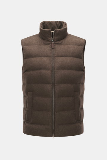 Front view of Herno Down vest brown melange, slim fit with mix of silk and cashmere, soft touch, warming down filling, two-way zipper, stand-up collar, slanted welt pockets with snap button, adjustable hem width, multicolored lining, and two inner pockets