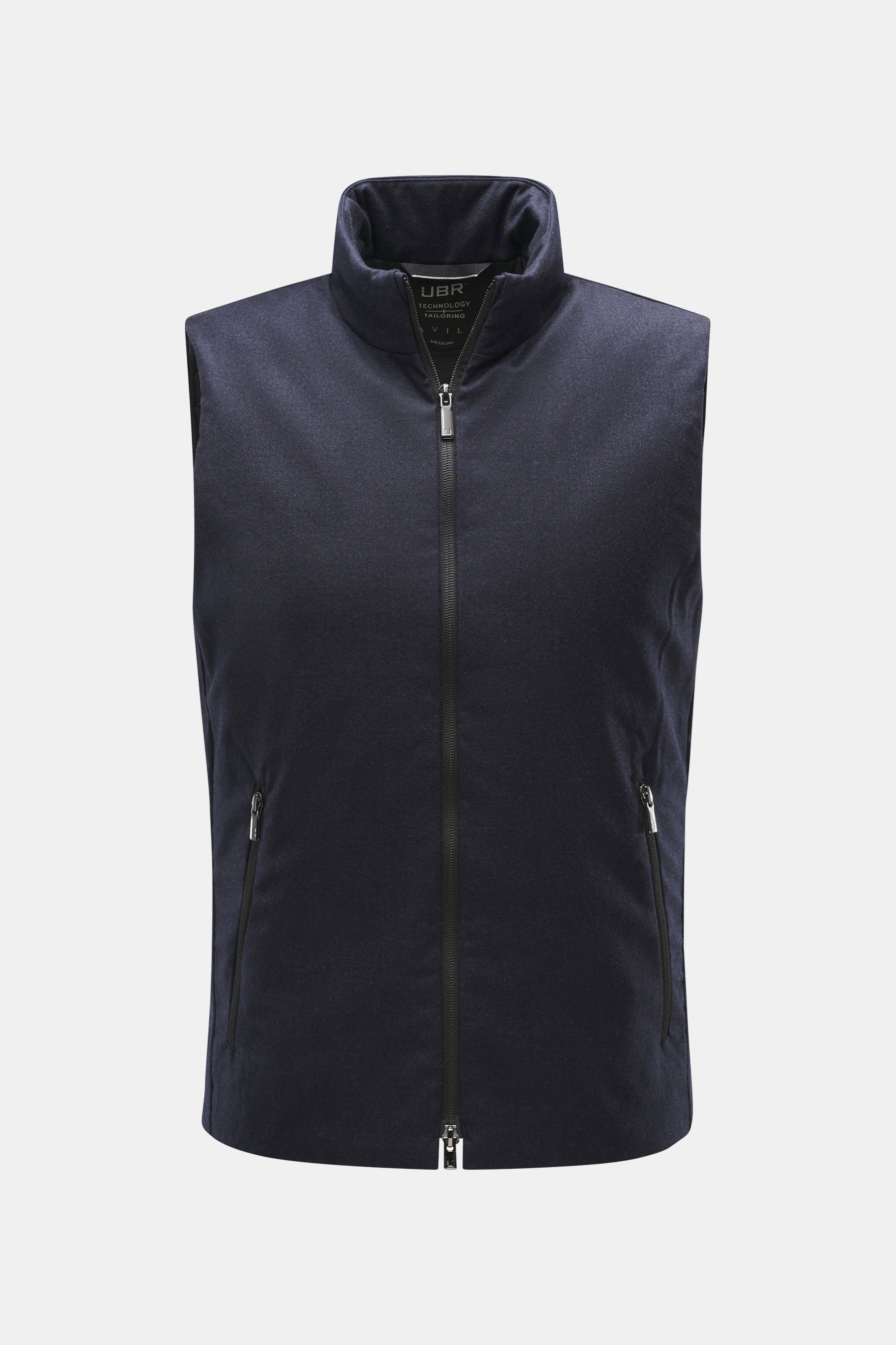 UBR Outdoorweste 'Raptor Savile' navy meliert frontale Nahaufnahme, Slim Fit, reine Merinowolle, leichte Wattierung, Stehkragen, Zipper-Taschen, Zwei-Wege-Reißverschluss.