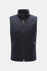 UBR Outdoorweste 'Raptor Savile' navy meliert frontale Nahaufnahme, Slim Fit, reine Merinowolle, leichte Wattierung, Stehkragen, Zipper-Taschen, Zwei-Wege-Reißverschluss.