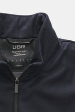 UBR Outdoorweste 'Raptor Savile' navy meliert, Detailansicht Innenkragen mit Label, reine Merinowolle, leichter Komfort, Slim Fit, Stehkragen, Zipper.