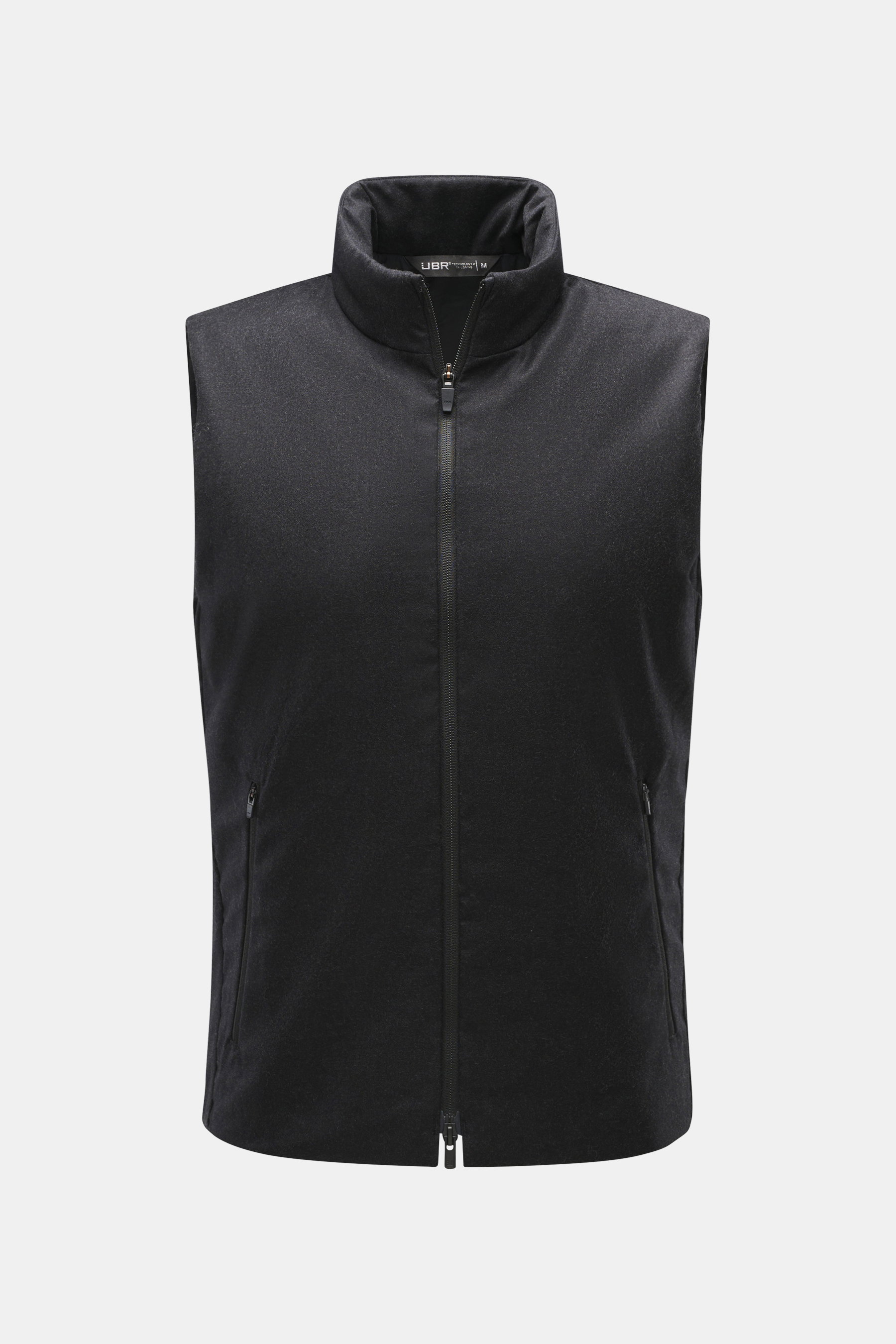 UBR Outdoorweste 'Raptor Savile' anthrazit meliert, Frontansicht, Slim Fit, Stehkragen, Zwei-Wege-Reißverschluss, schräge Zipper-Taschen, leichte Wattierung, Merinowolle.
