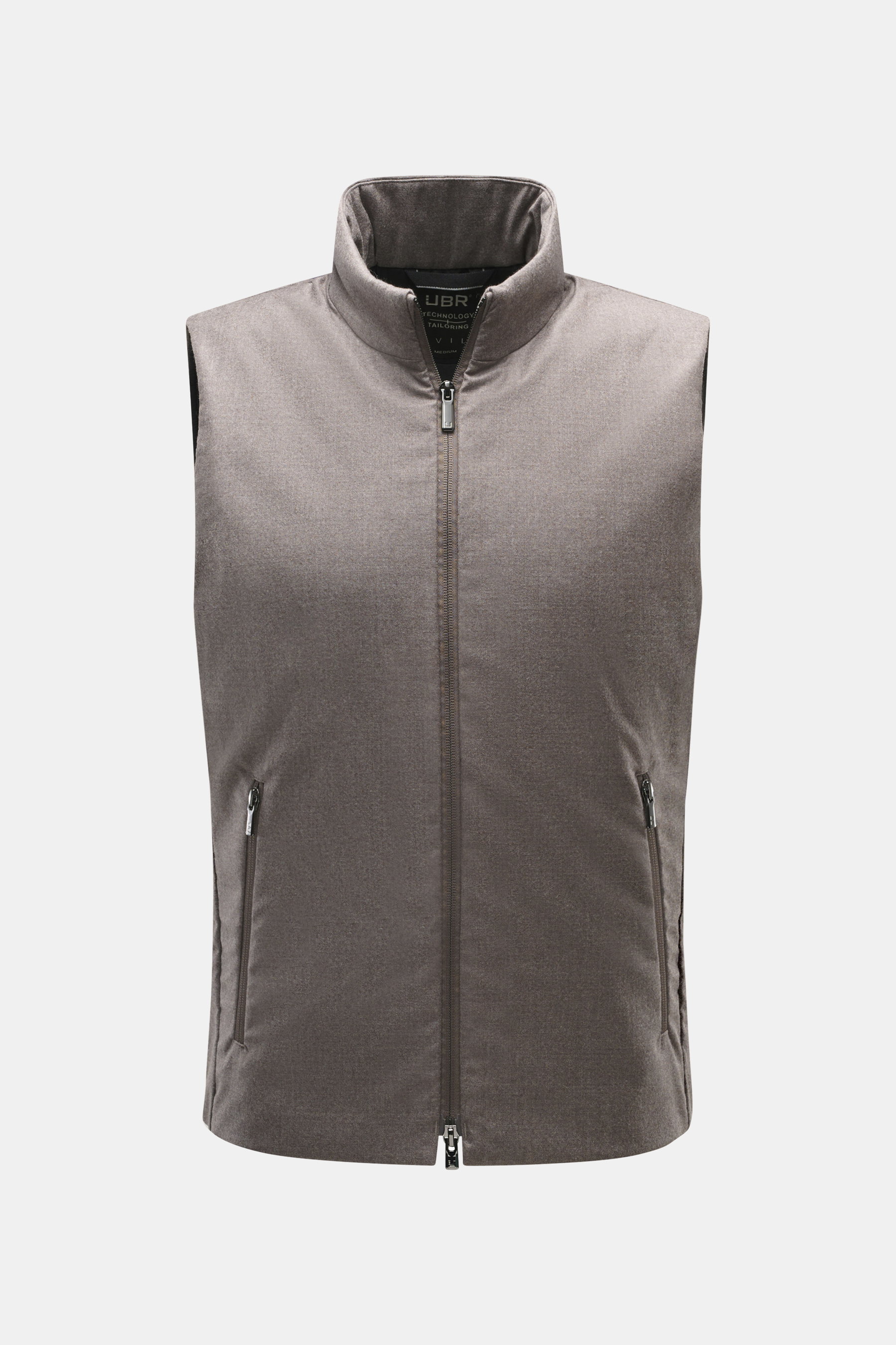 UBR Outdoorweste 'Raptor Savile' taupe meliert, frontale Nahaufnahme, Slim Fit, Stehkragen, Zwei-Wege-Reißverschluss, schräge Zipper-Leistentaschen, leichte Wattierung, reine Merinowolle.