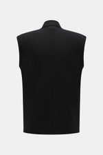 Rückansicht der schwarzen 04651/ A trip in a bag Woll-Weste 'Boiled' mit Bouclé-Strick aus reiner Schurwolle, Slim Fit, Stehkragen, Raw-Edge-Finish, Metall-Reißverschluss, aufgesetzter Brusttasche, kleinem Weblabel, Unconstructed Design, gewalkter Qualitä
