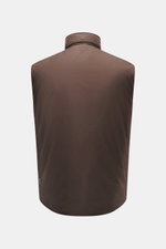 Rückansicht der dunkelbraunen 04651/ A trip in a bag Outdoorweste 'Padded Nylon' aus Microfaser mit Stehkragen, Slim Fit, glattem Griff.