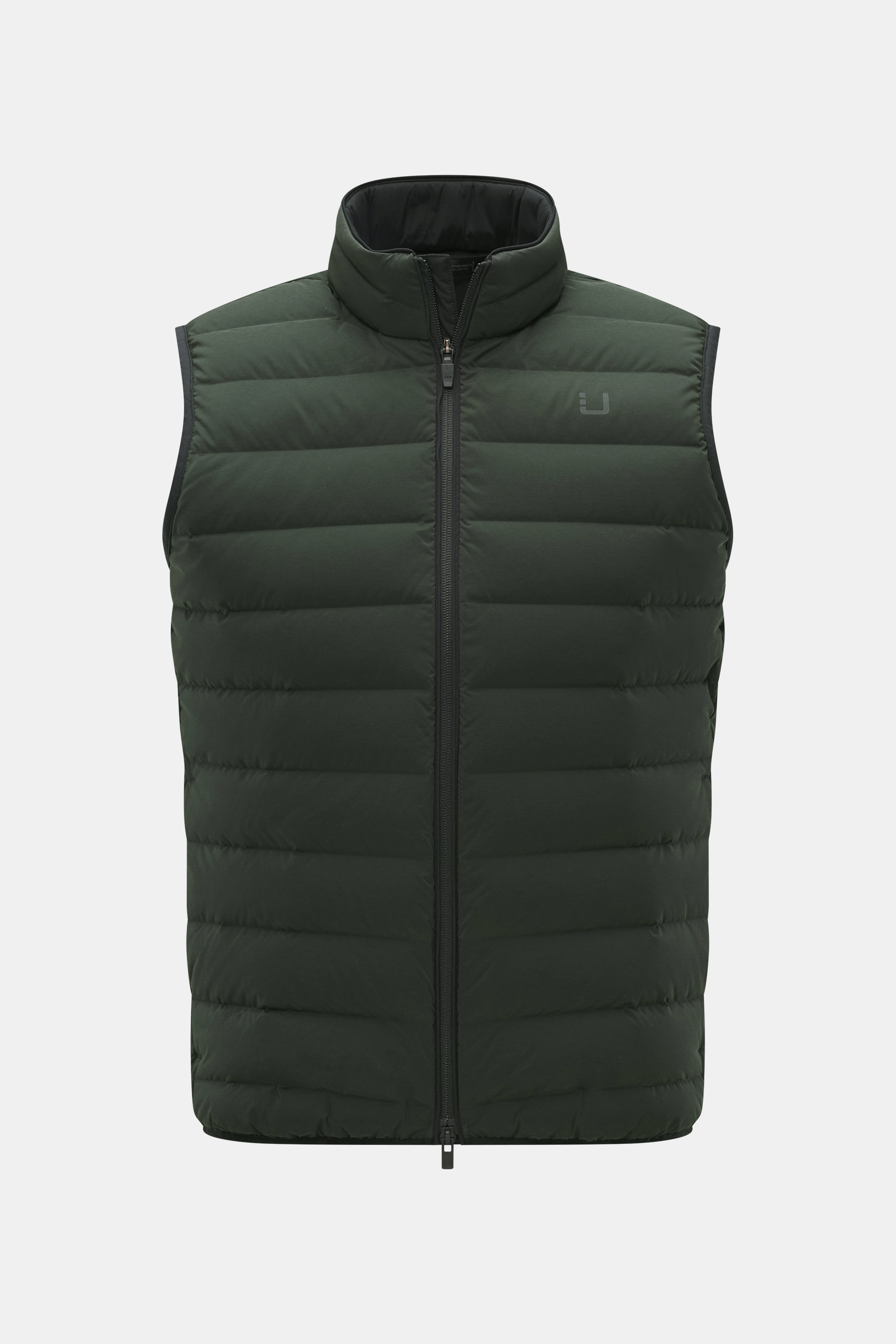 Front view of UBR Down vest 'Sonic' dark green, made of high-quality elastic microfiber with a soft, smooth feel, water-repellent fabric, ultra-light warming down filling, slim fit, two-way zipper, high-closing collar, zipper pockets in the seam, reflecti